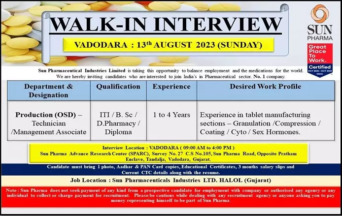 Sun Pharmaceutical Industries: Walk-In Interview for Job Vacancies in Vadodara