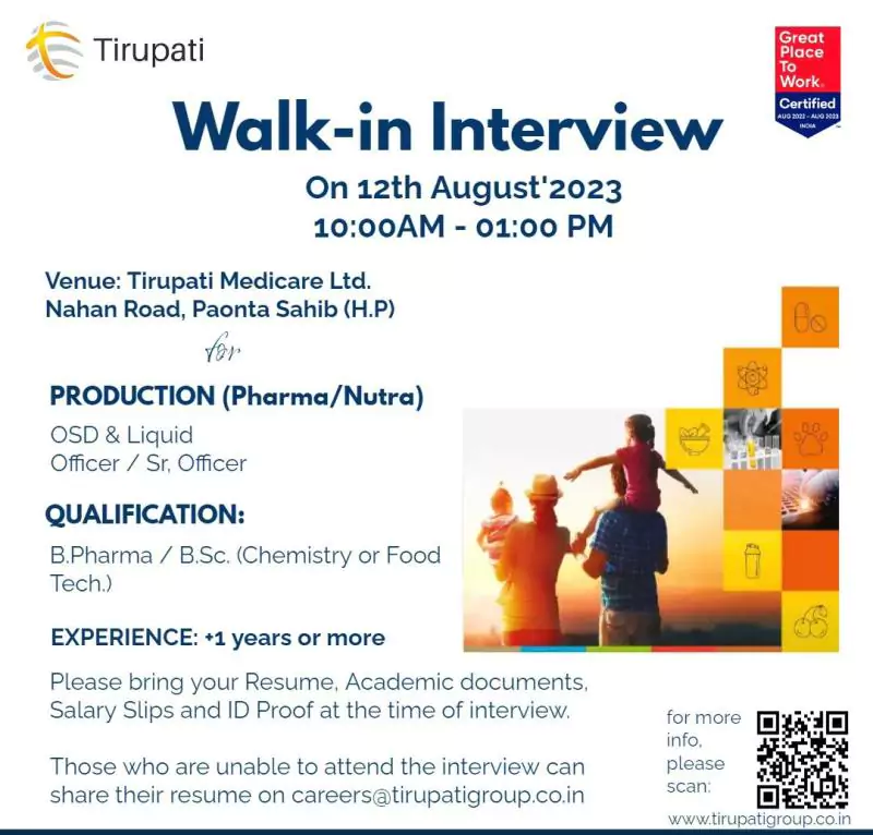 Walk-in Interview at Tirupati Medicare Ltd: PRODUCTION (Pharma/Nutra)