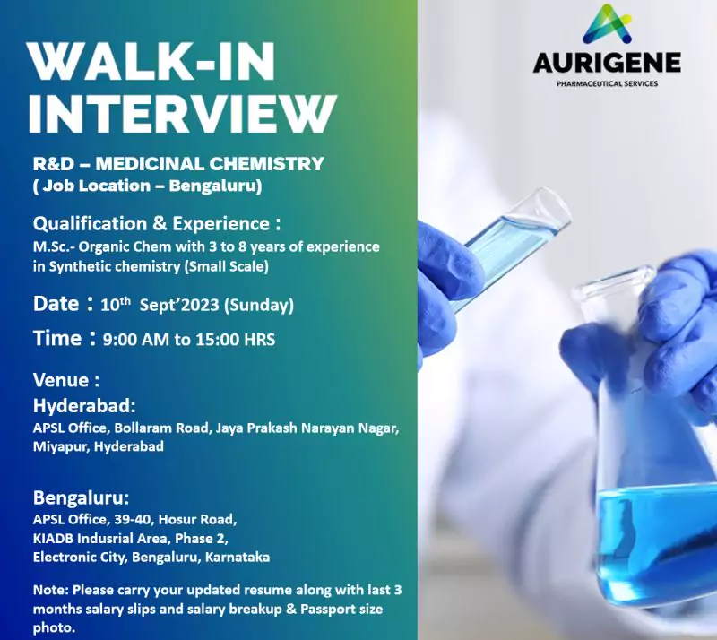 Aurigene Pharmaceutical Services Hiring Research & Development - Medicinal Chemistry 1 Aurigene Pharmaceutical Services Hiring Research Development Medicinal Chemistry
