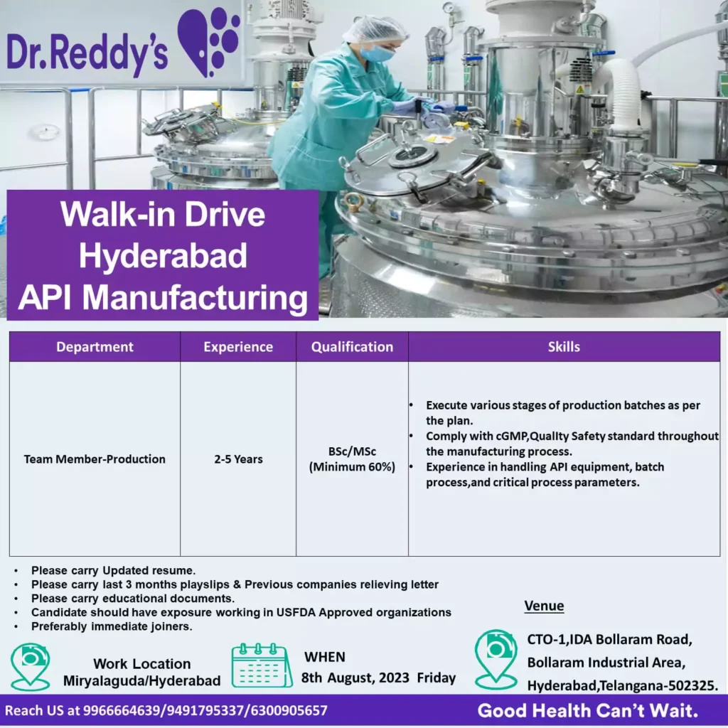 Dr. Reddy's hiring Team Member-Production advertisement