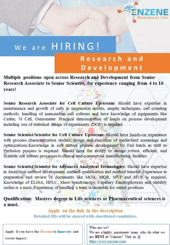 ENZENE Biosciences Multiple vacancies in Research and Development