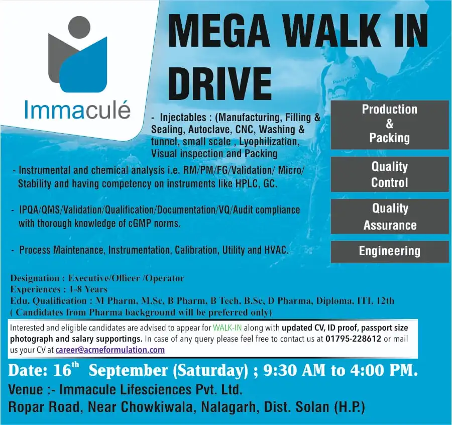 Immacule Mega Walk In Drive Multiple Pharmaceutical Positions Available