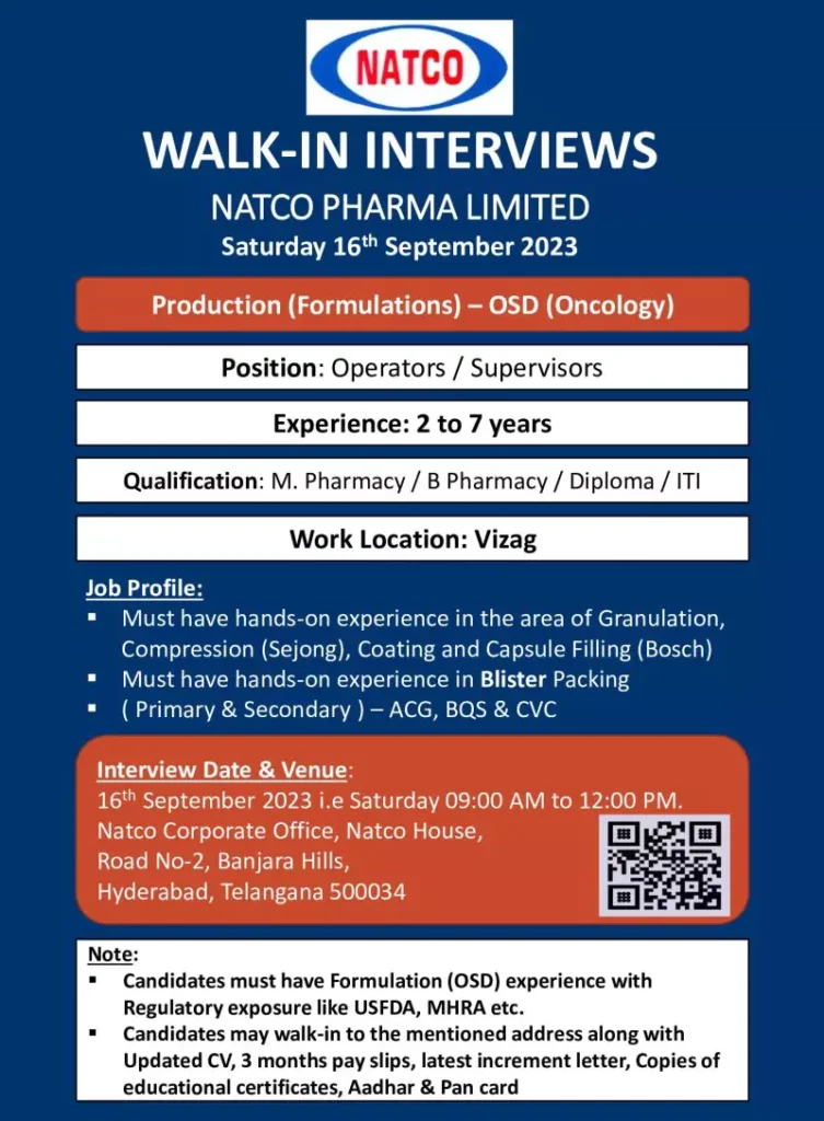 Natco Pharma jobs Production (Formulations) - OSD (Oncology)