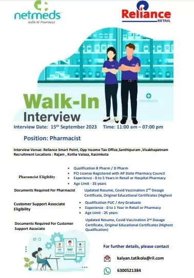 Reliance RETAIL Walk-In-Interview: Pharmacist and Customer Support Associates