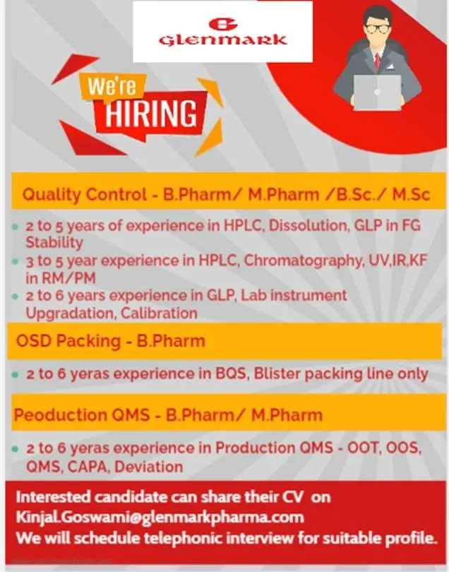 glenmark job vacancies: QC, Production, Packing