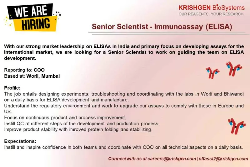 Career Opportunity: Senior Scientist - Immunoassay (ELISA) at Krishgen BioSystems