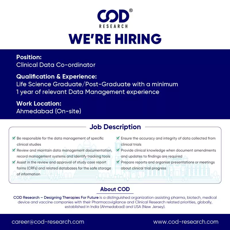 Career Opportunity for Clinical Data Co-ordinator at CODⓇ Research