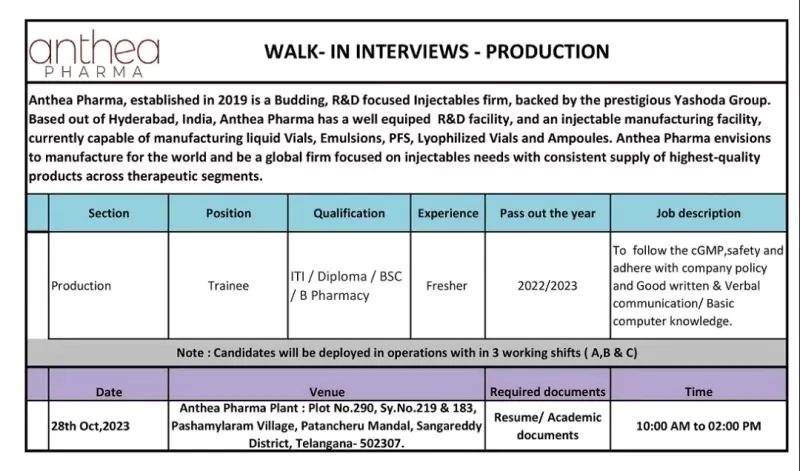 ITI Diploma BSC B Pharmacy Fresher Jobs Production Trainee - Anthea Pharma