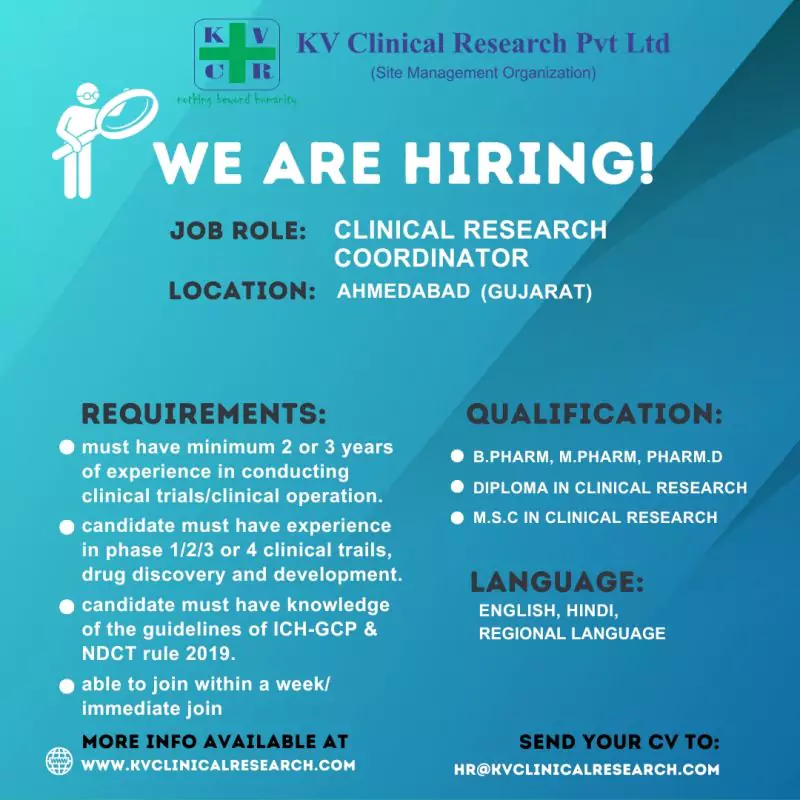 KV Clinical Research Hiring Clinical Research Coordinator in Ahmedabad