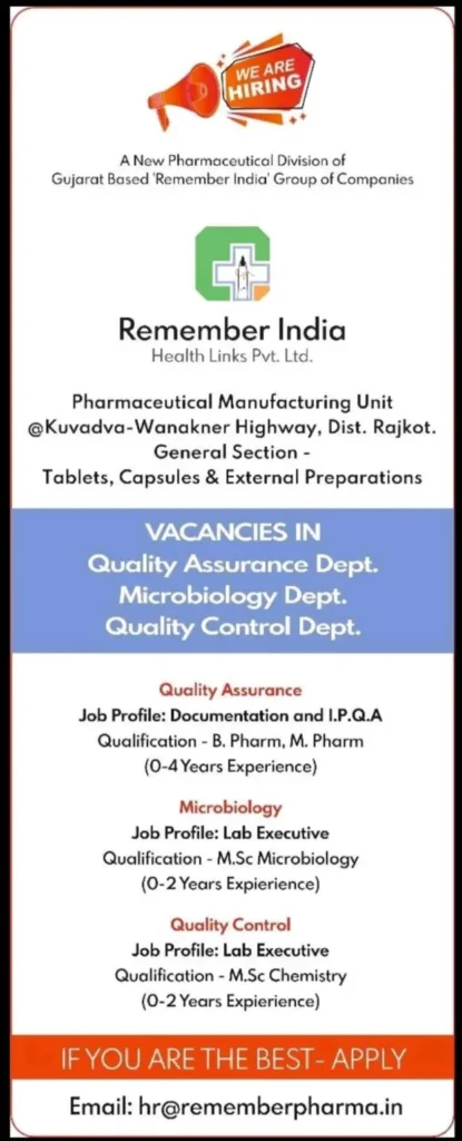 "Lab Executive Jobs in Pharmaceutical Industry - Remember India Health Links Pvt. Ltd."