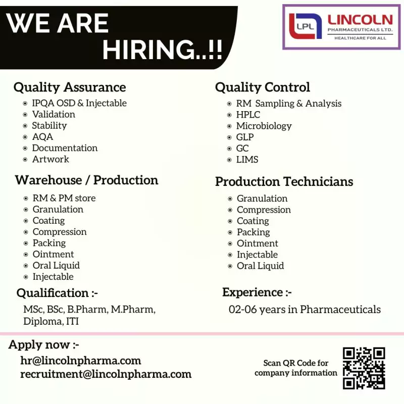 Multiple pharma jobs at Lincoln Pharmaceuticals Ltd.
