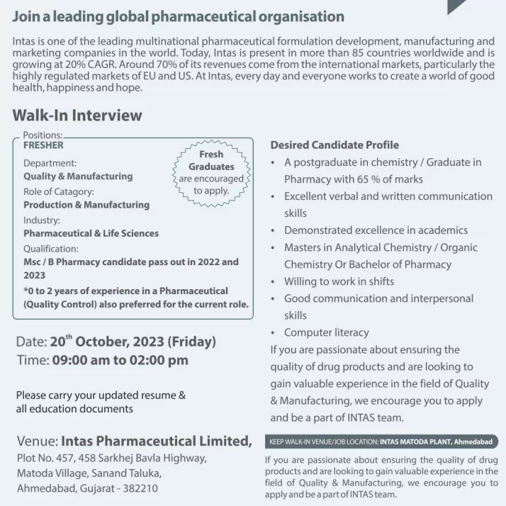 Opportunity for Freshers in Quality & Manufacturing at Intas Pharmaceutical Limited