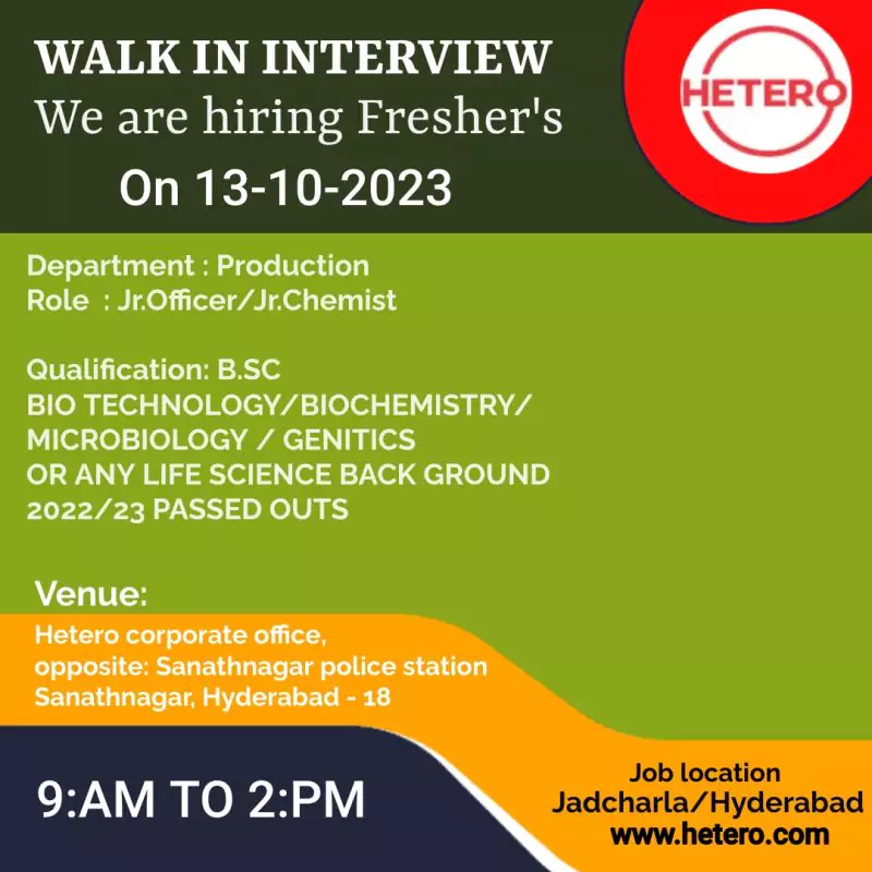 Walk-in Interview for Junior Officer and Junior Chemist (Production) at Hetero - Fresh Graduates Welcome 1 Walk-in Interview for Junior Officer and Junior Chemist (Production) at Hetero - Fresh Graduates Welcome
