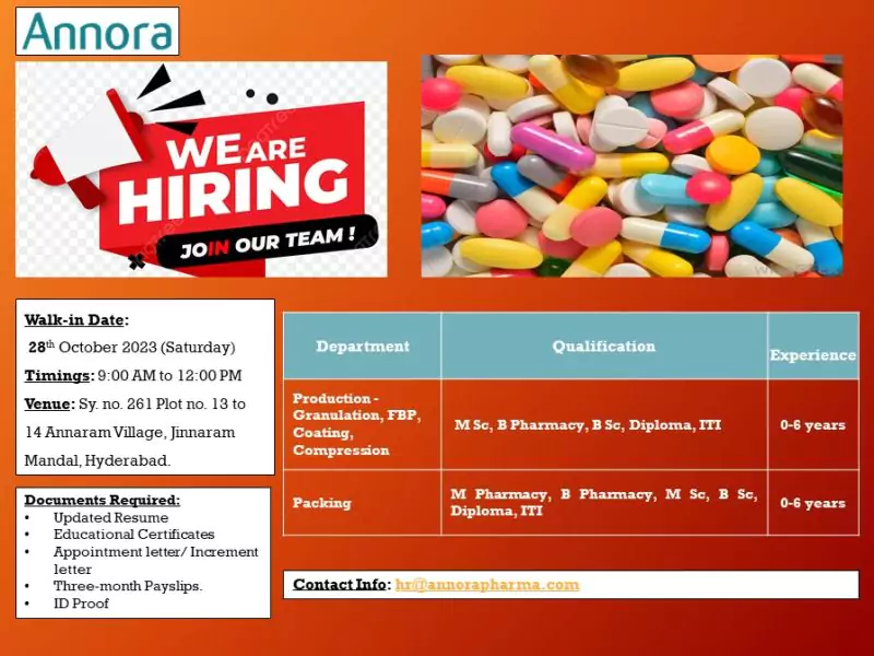 Fresher Job Vacancies at Annora Pharma - Walk-in Interview in Hyderabad