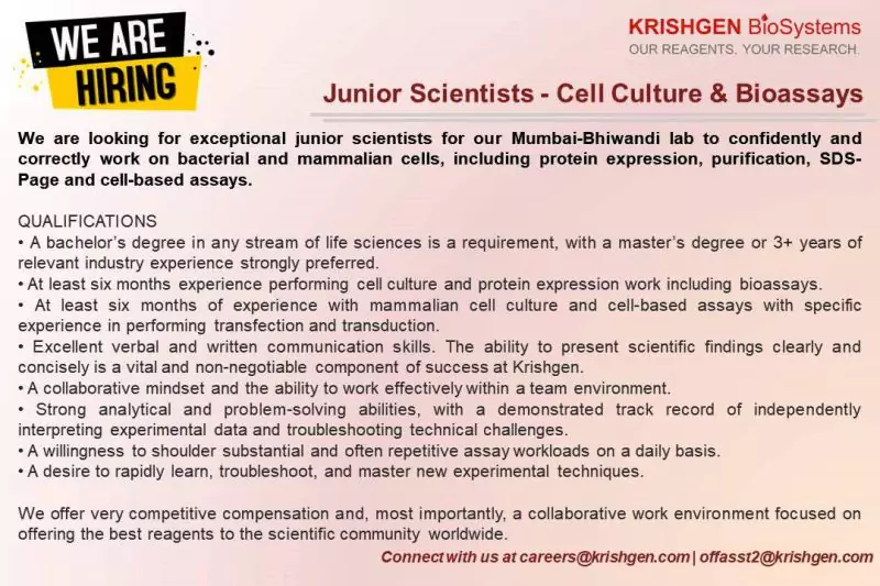 Krishgen BioSystems as a Junior Scientist - Cell Culture & Bioassays