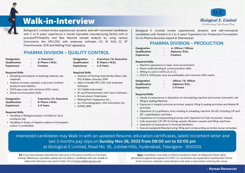 Biological E Ltd Walk-drive Quality Control and Production 1 Biological E Ltd in Quality Control and Production.