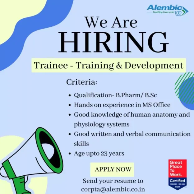 Alembic Pharmaceuticals Freshers Job Vacancies in Training & Development