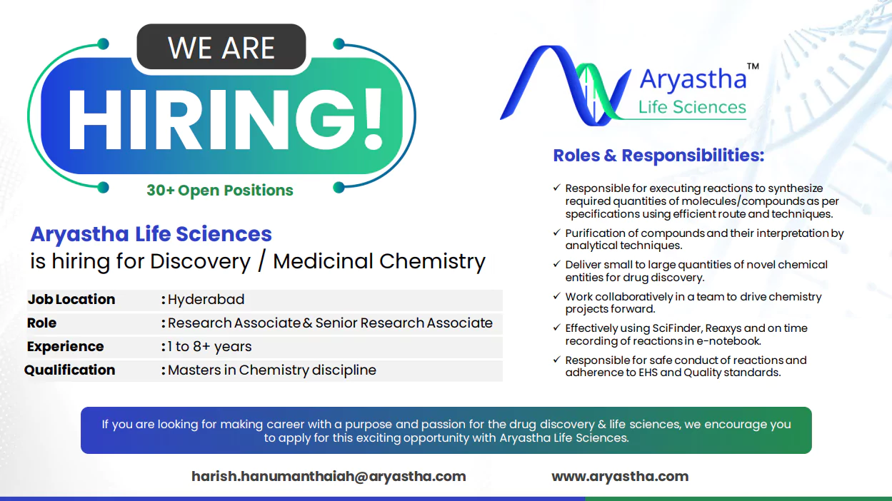 Aryastha Life Sciences Hiring for  Discovery  Medicinal Chemistry