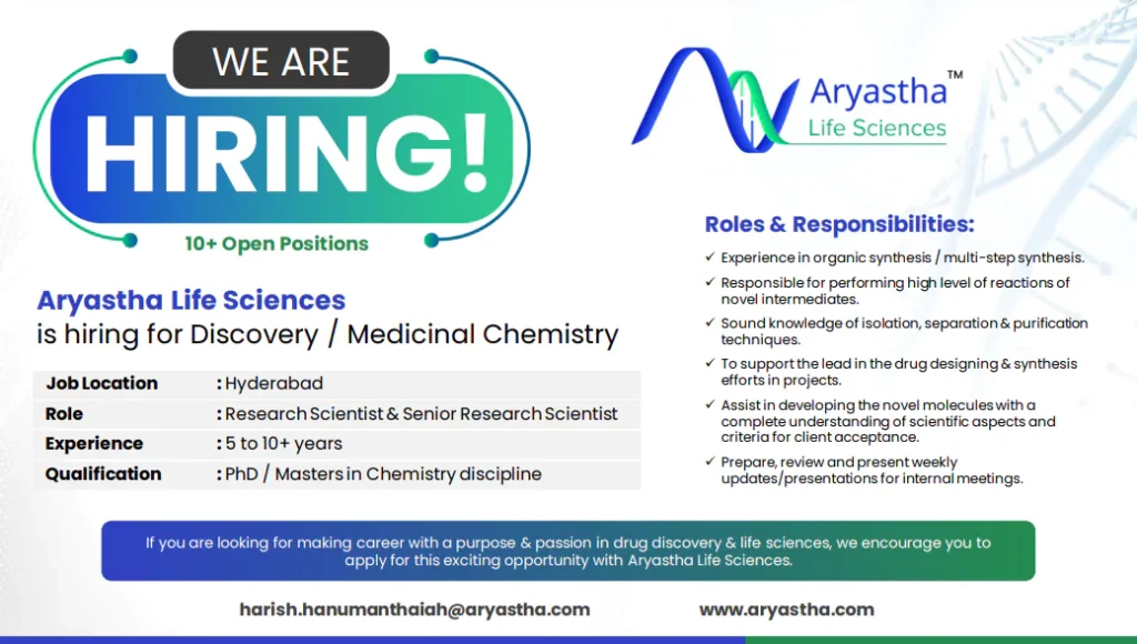 Aryastha Life Sciences Hiring for Discovery Medicinal Chemistry
