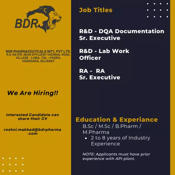 BDR Pharmaceuticals jobs R&D, Regulatory Affairs