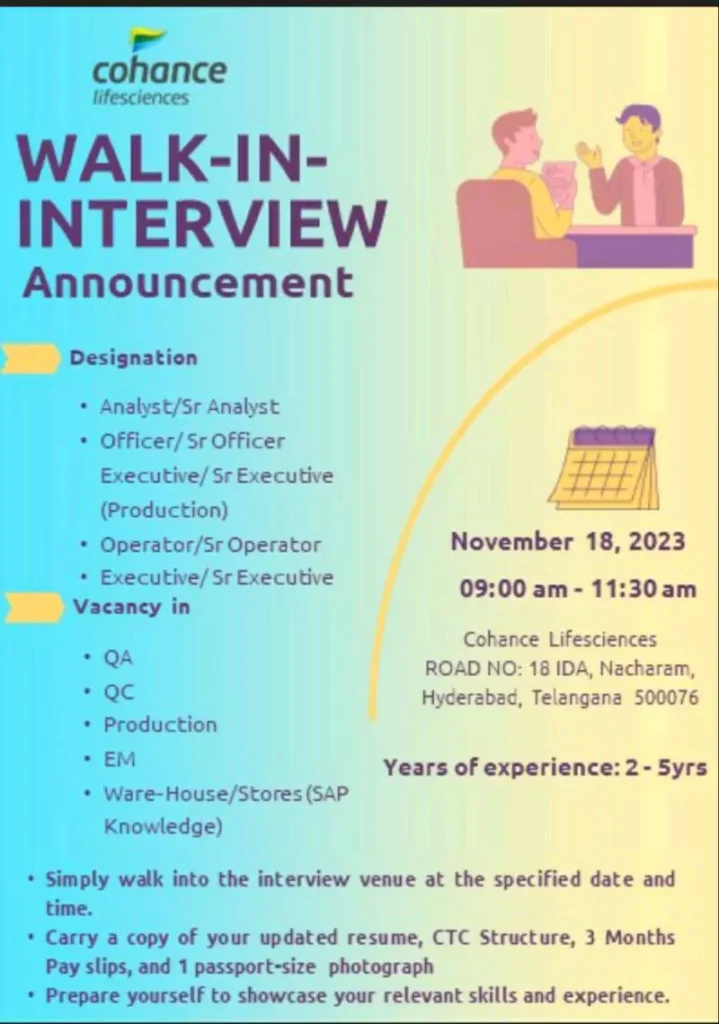 Cohance Lifesciences Job Openings: Walk-in Interview in Hyderabad Cohance Lifesciences Job Openings Walk-in Interview in Hyderabad