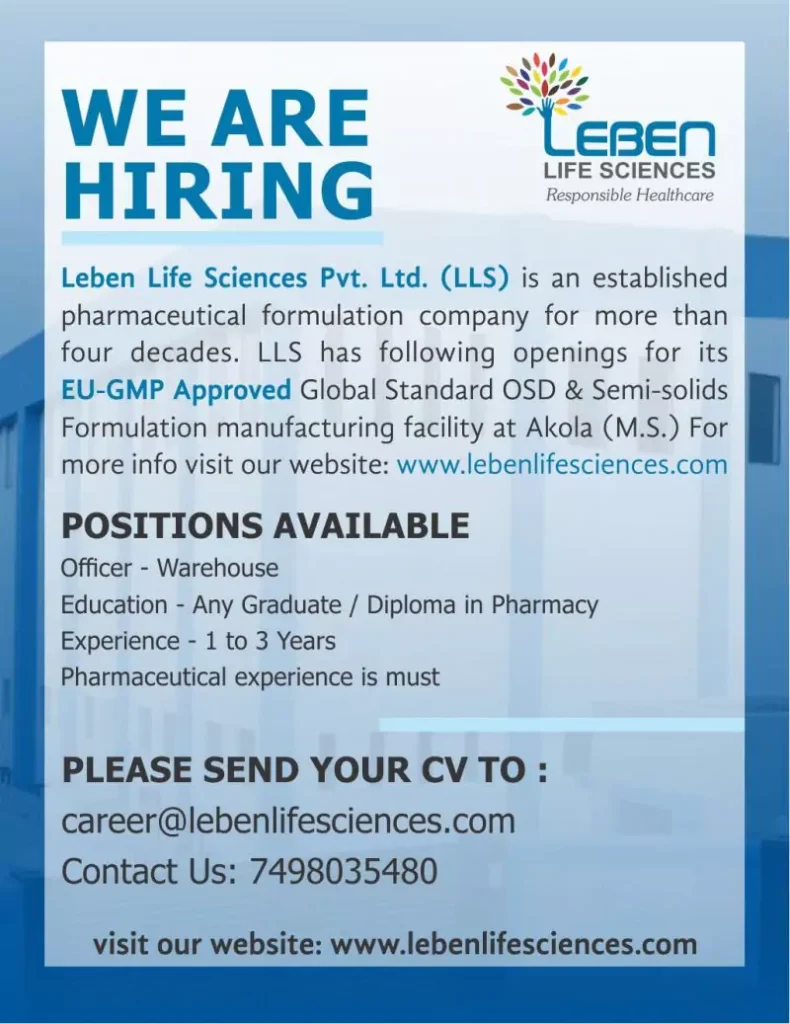 D Pharmacy Job Openings at Leben Lifesciences