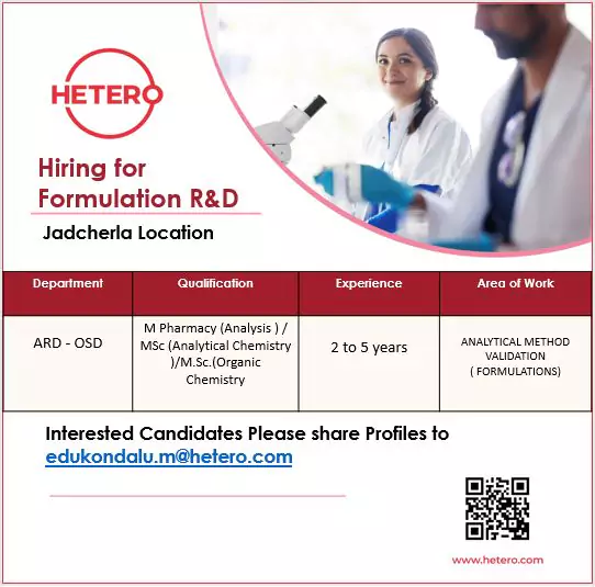 HETERO Pharma Jobs Formulation R&D Roles in Jadcherla - Apply Now