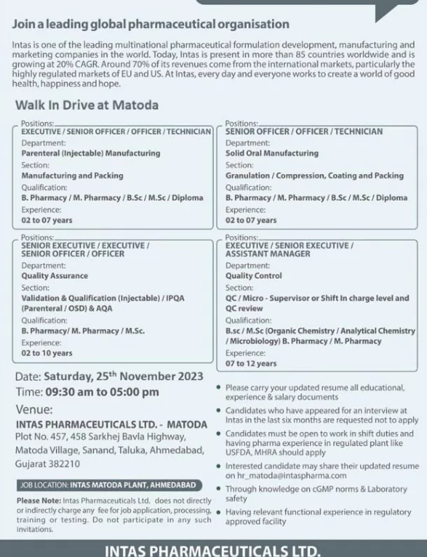 Intas Pharmirinaceuticals walk-in drive for Multiple roles at Ahmedabad