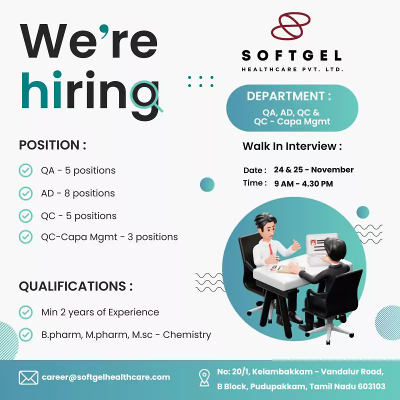 Softgel Healthcare Pvt. Ltd. Job Vacancies in QA, AD, QC & QC-Capa Mgmt