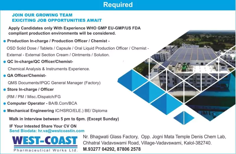 WEST-COAST Pharmaceutical hiring QC, QA, Production and more