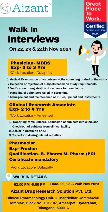 Aizant Drugs Walk-In for Physicians, Pharmacists, and Clinical Research Associates in Hyderabad