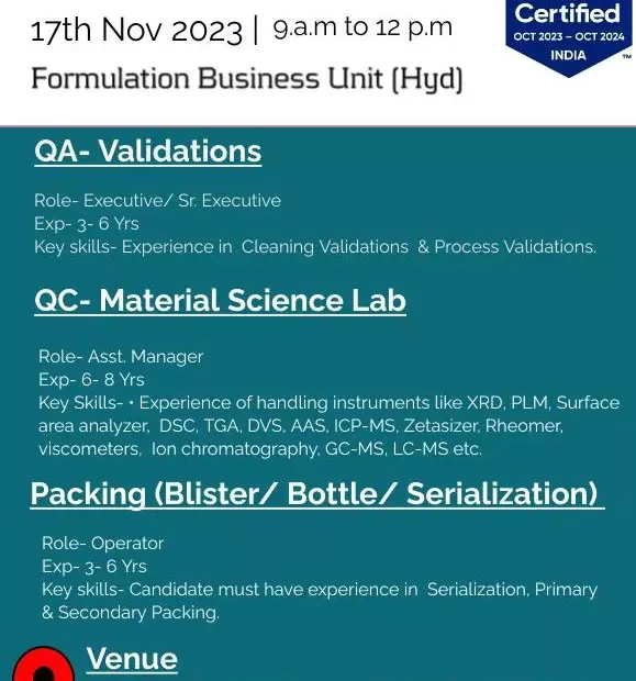 Aizant Pharma Walk-In Interview - QA, QC, and Packing