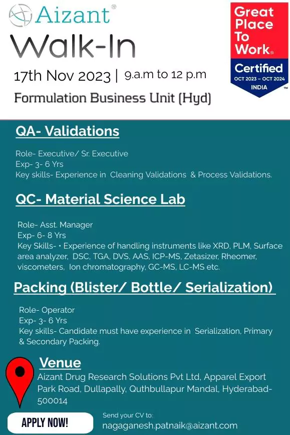 Aizant Pharma Walk-In Interview - QA, QC, and Packing