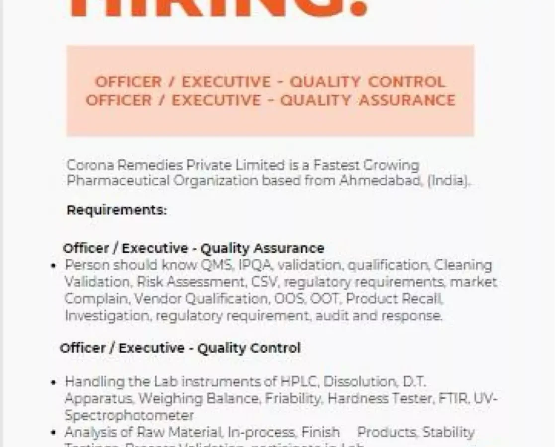 Quality Assurance and Control Jobs at Corona Remedies