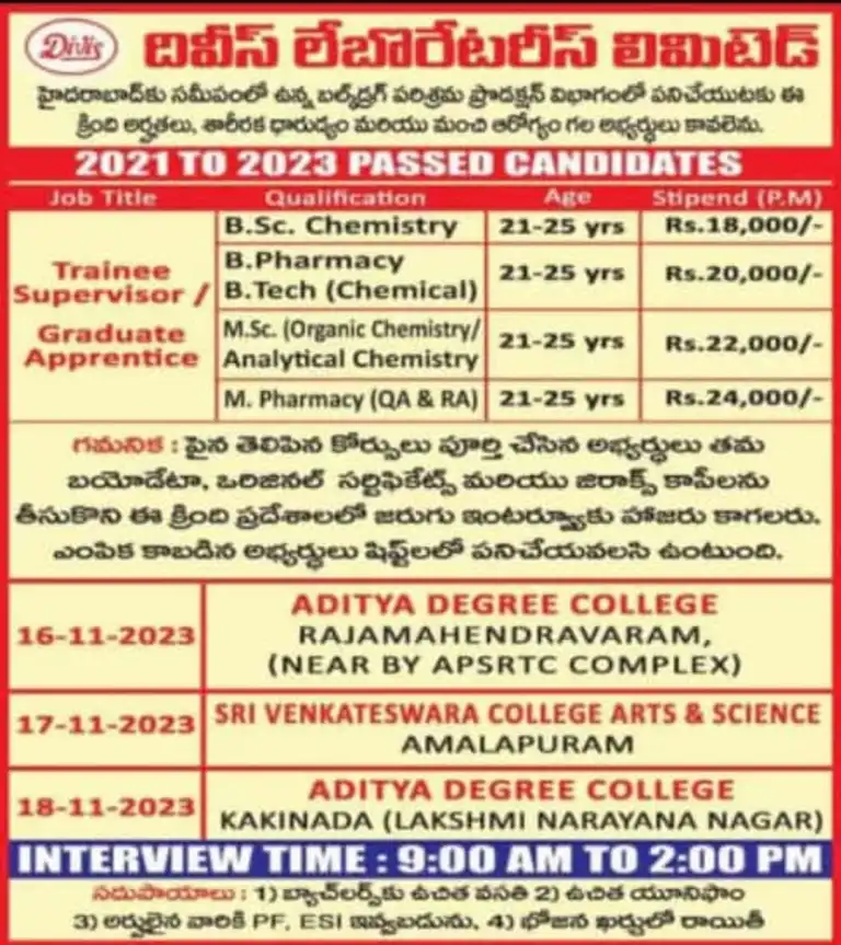 Divis Laboratories Fresher Pharma Walk-In Interview