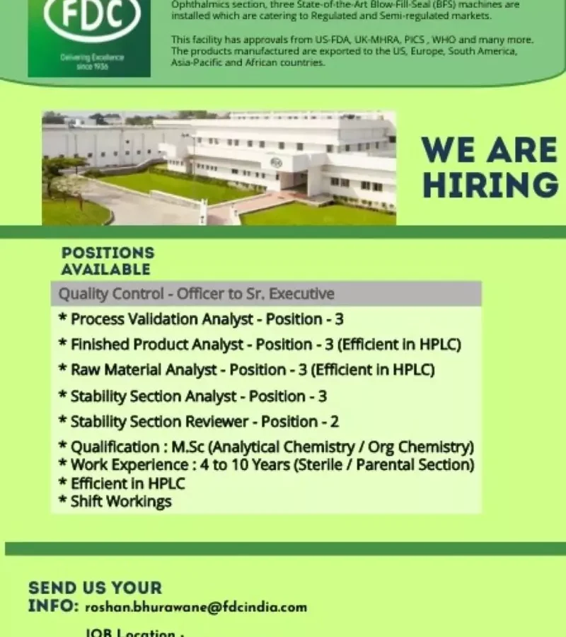 FDC Limited Quality Control - Officer to Sr. Executive Job vacancies