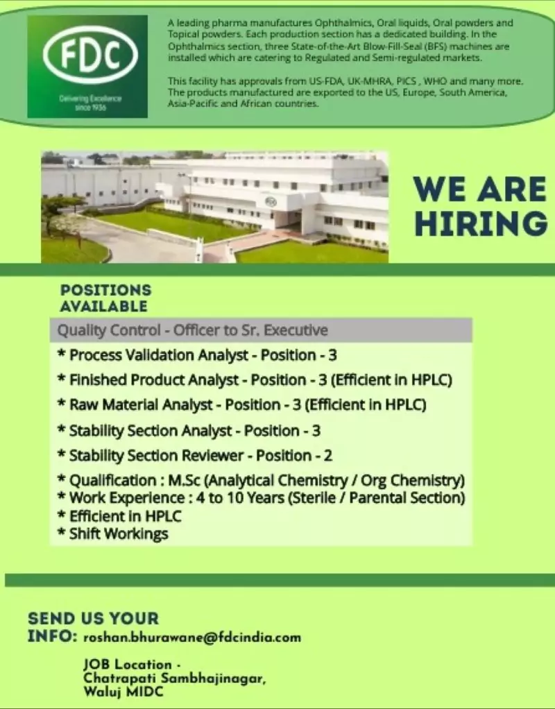 FDC Limited Quality Control - Officer to Sr. Executive Job vacancies