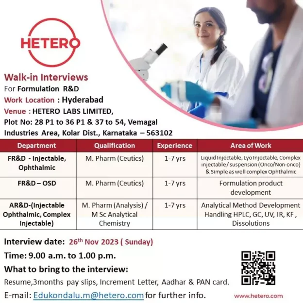 hetero labs jobs FR&D, AR&D For Pharmaceutics & analysis candidates