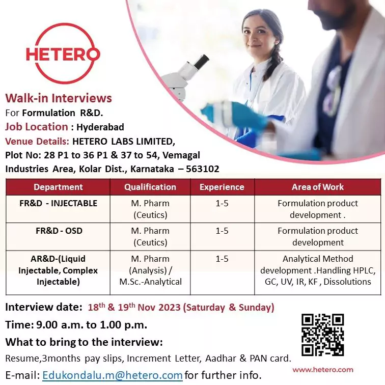 HETERO Walk-in Interviews For Formulation R&D HETERO Walk-in Interviews For Formulation R&D.