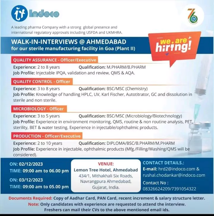 Indoco Remedies Careers: QA, QC, Microbiology, Production