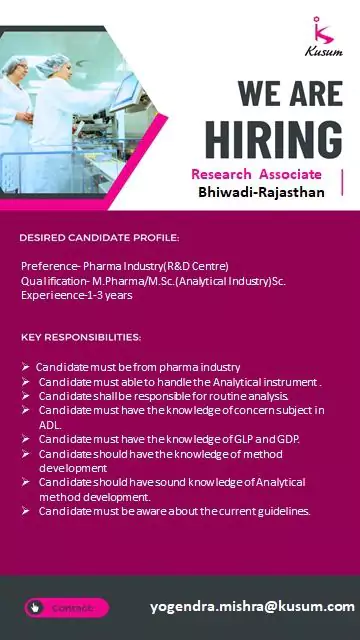 Kusum Careers: Research Associate Opportunity in Bhiwadi