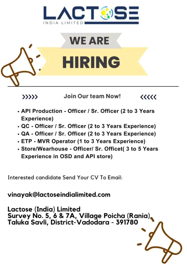 Lactose India multiple openings at vadodara