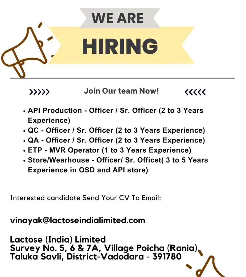 Lactose India multiple openings at vadodara