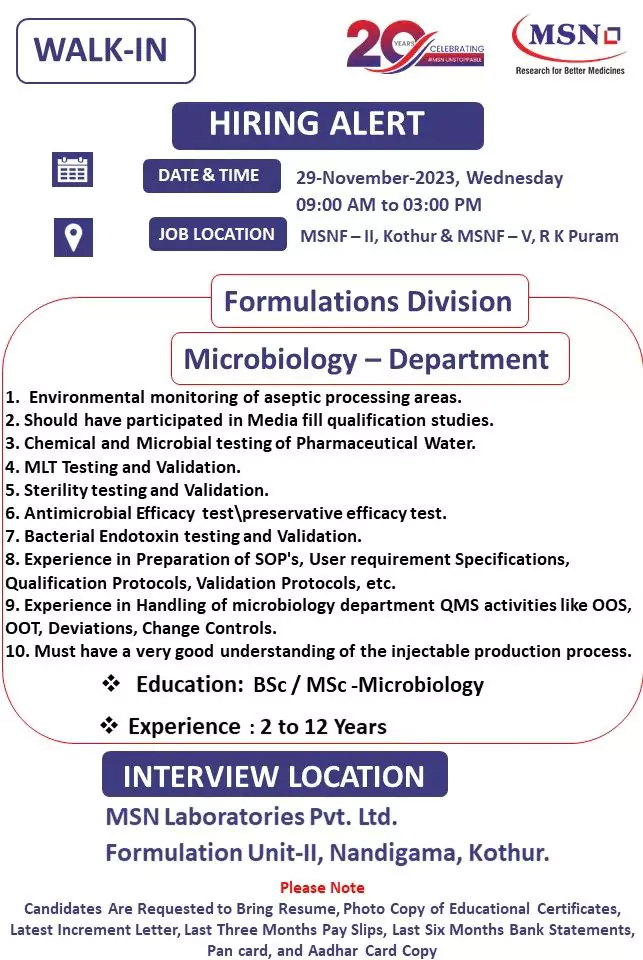 MSN Laboratories Walk-In Drive Hyderabad for Microbiologists