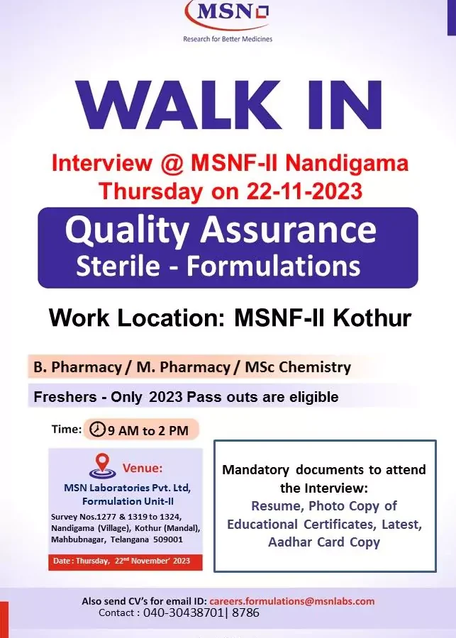 Fresher pharma jobs in hyderabad: MSN Laboratories