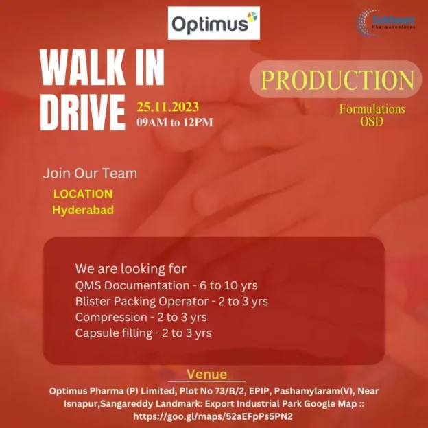 optimus pharma walk in drive for production osd