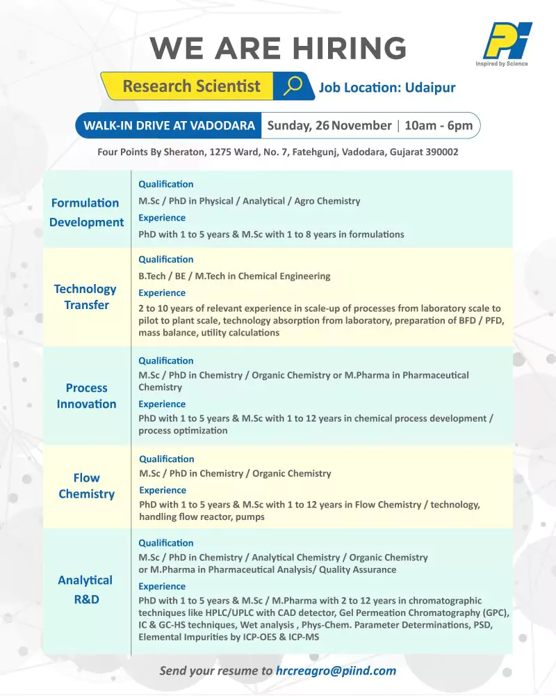 PI Industries walk in interview at vadodara for multiple roles