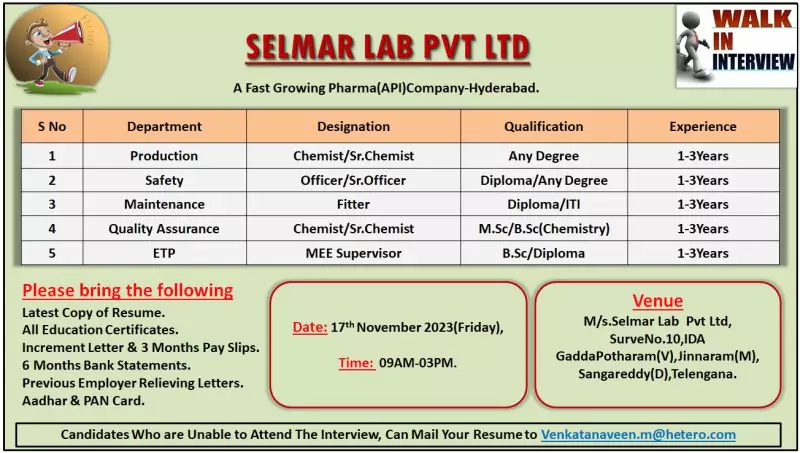 SELMAR LAB Hyderabad: Walk-In Interview for Multiple Pharma Positions