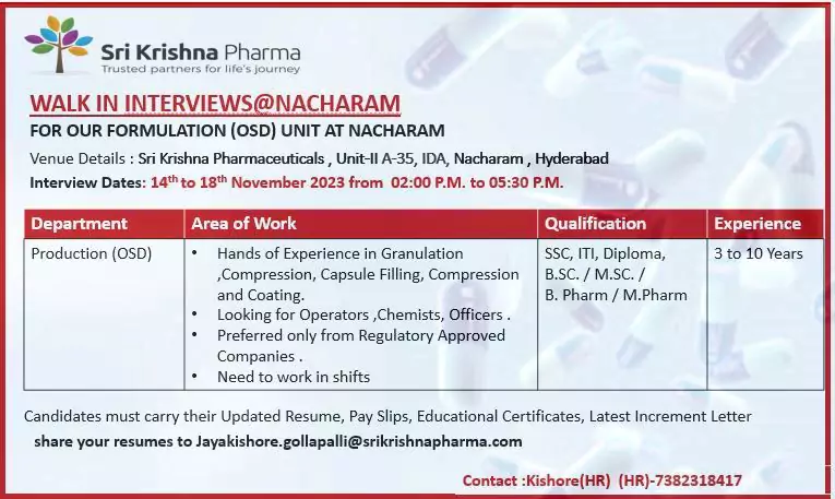 Sri Krishna Pharma Walk-In: Production (OSD) Opportunities in Hyderabad