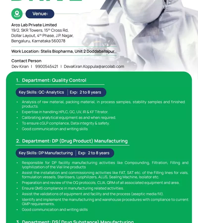 Stelis Biopharma Walk-In Drive for Quality Control and Manufacturing Roles